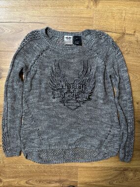 Harley-Davidson Women's Heather Gray Open-Knit Crew Sweater, Winged Logo Small